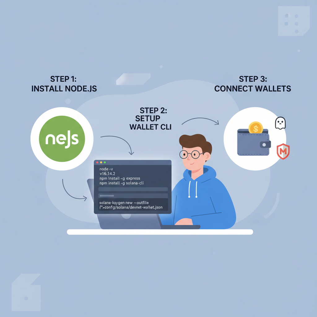 developer setting up Node.js and wallets on laptop, clean terminal interface, tech icons