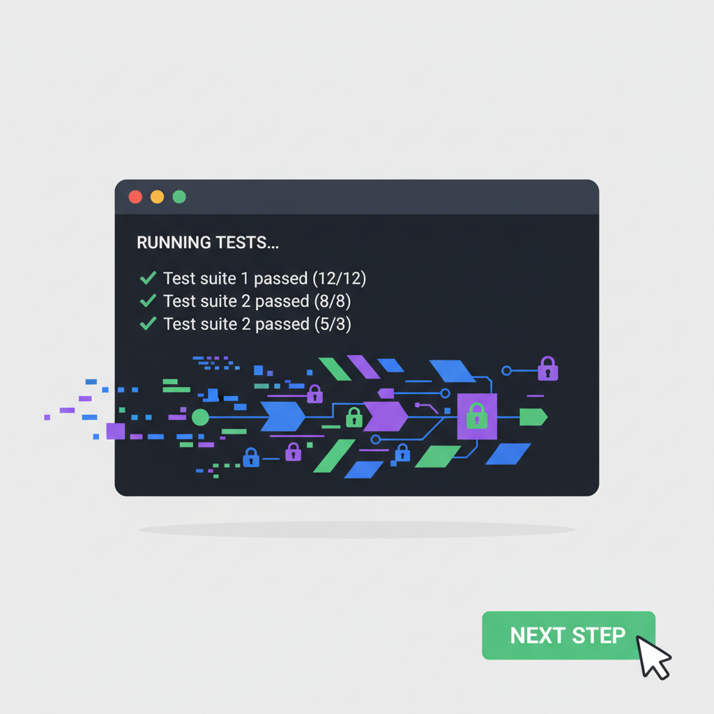 running tests in terminal, green checkmarks, encrypted data flow
