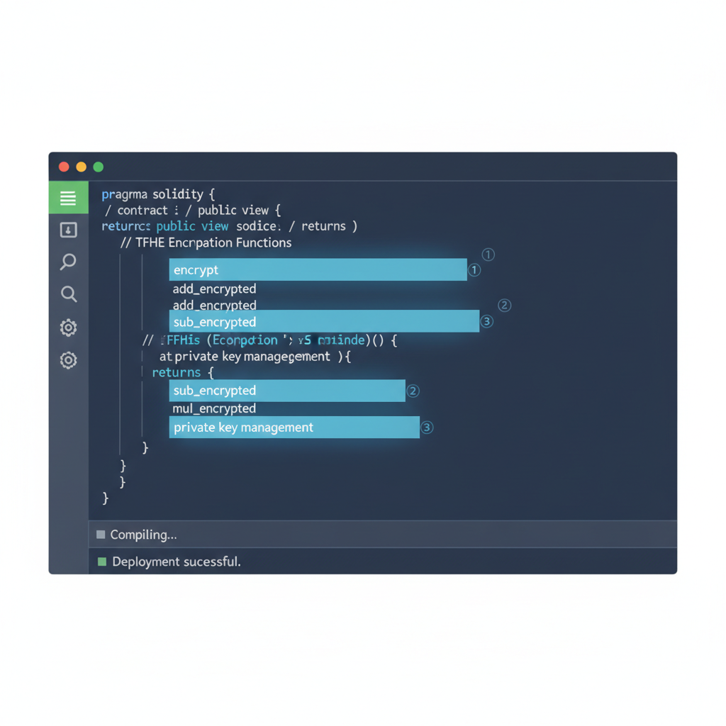 Solidity code editor with TFHE encryption functions highlighted