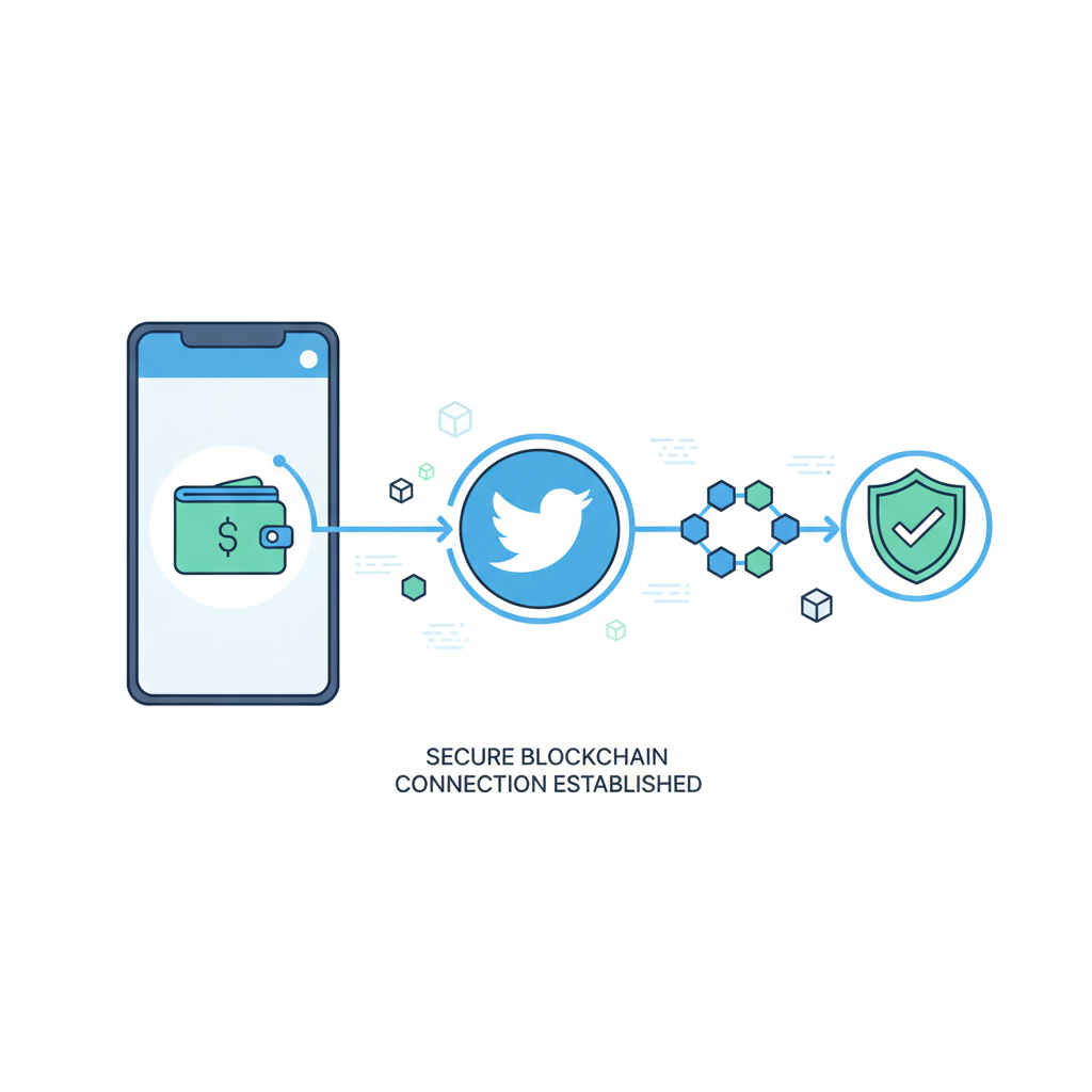 wallet app connecting to Twitter icon, secure link visualization, blockchain elements