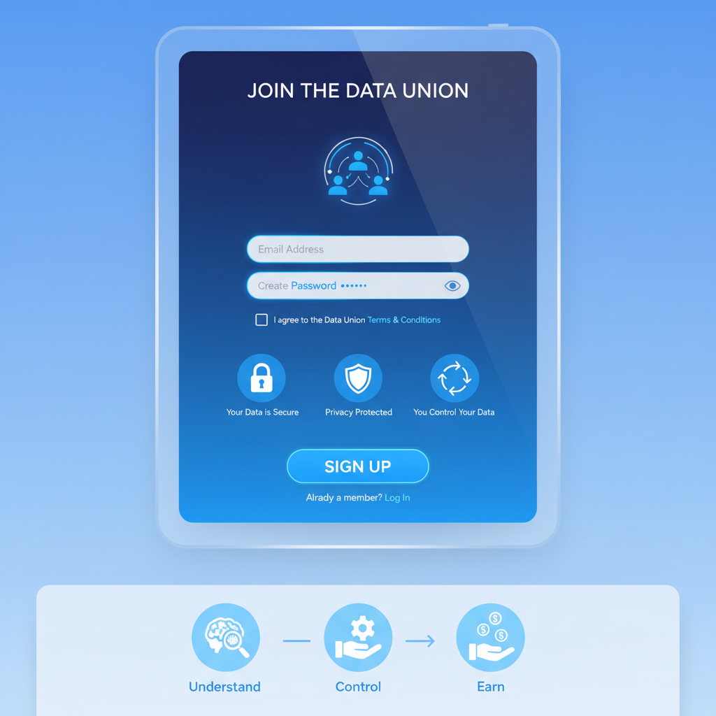futuristic app signup screen for data union platform, clean UI, privacy icons, blue tones