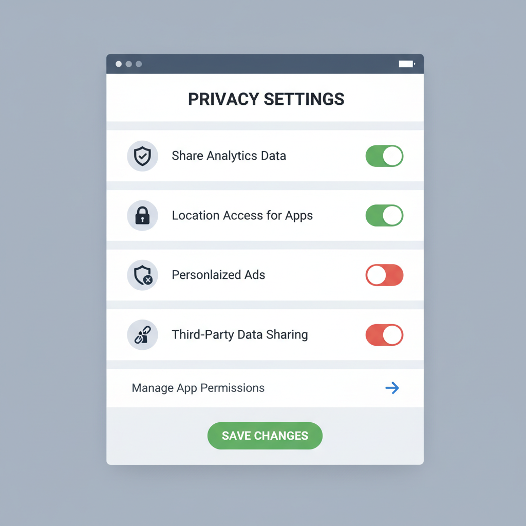 privacy settings dashboard, toggles for data sharing, shields and locks icons
