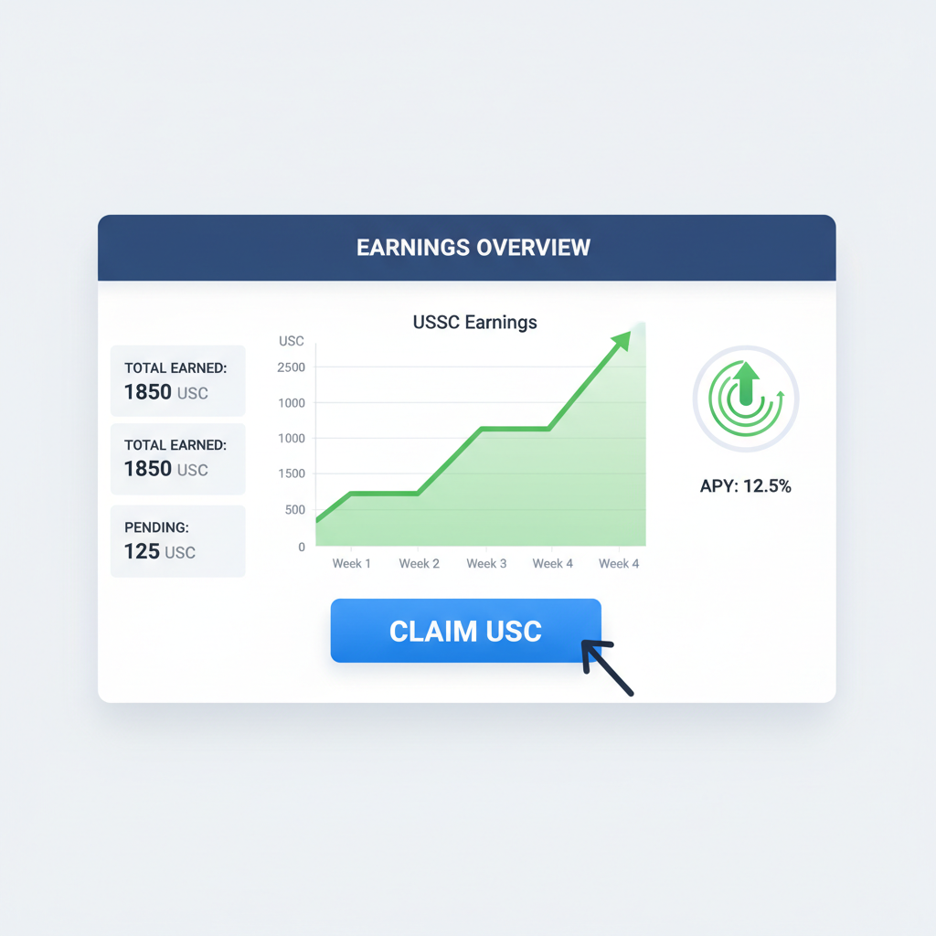 dashboard showing USDC earnings graph, claim button, upward trend chart