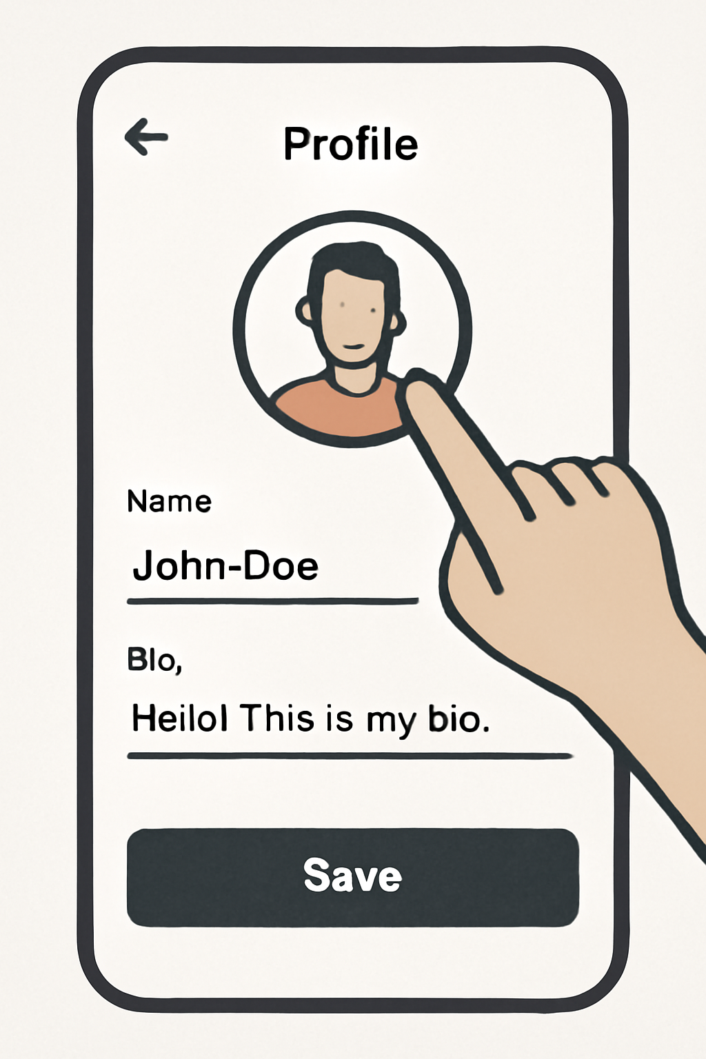 A user uploading a profile picture and editing their bio on a sleek app profile page