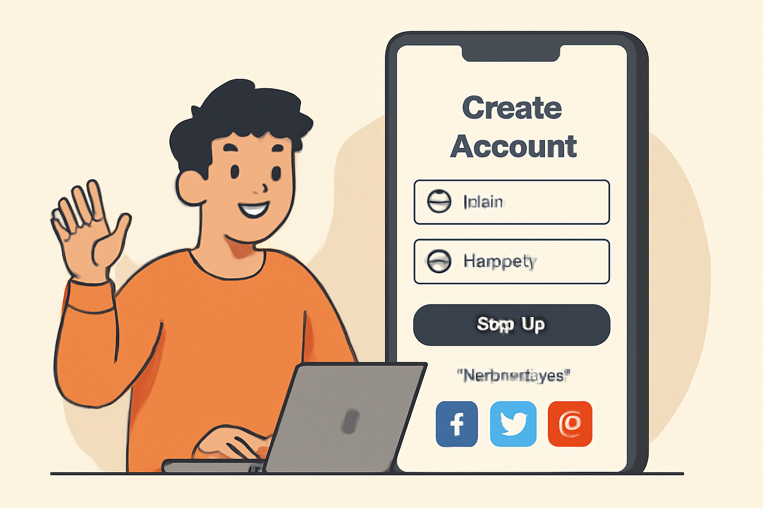 A cheerful user creating an account on a modern app interface, with email and social media login options visible