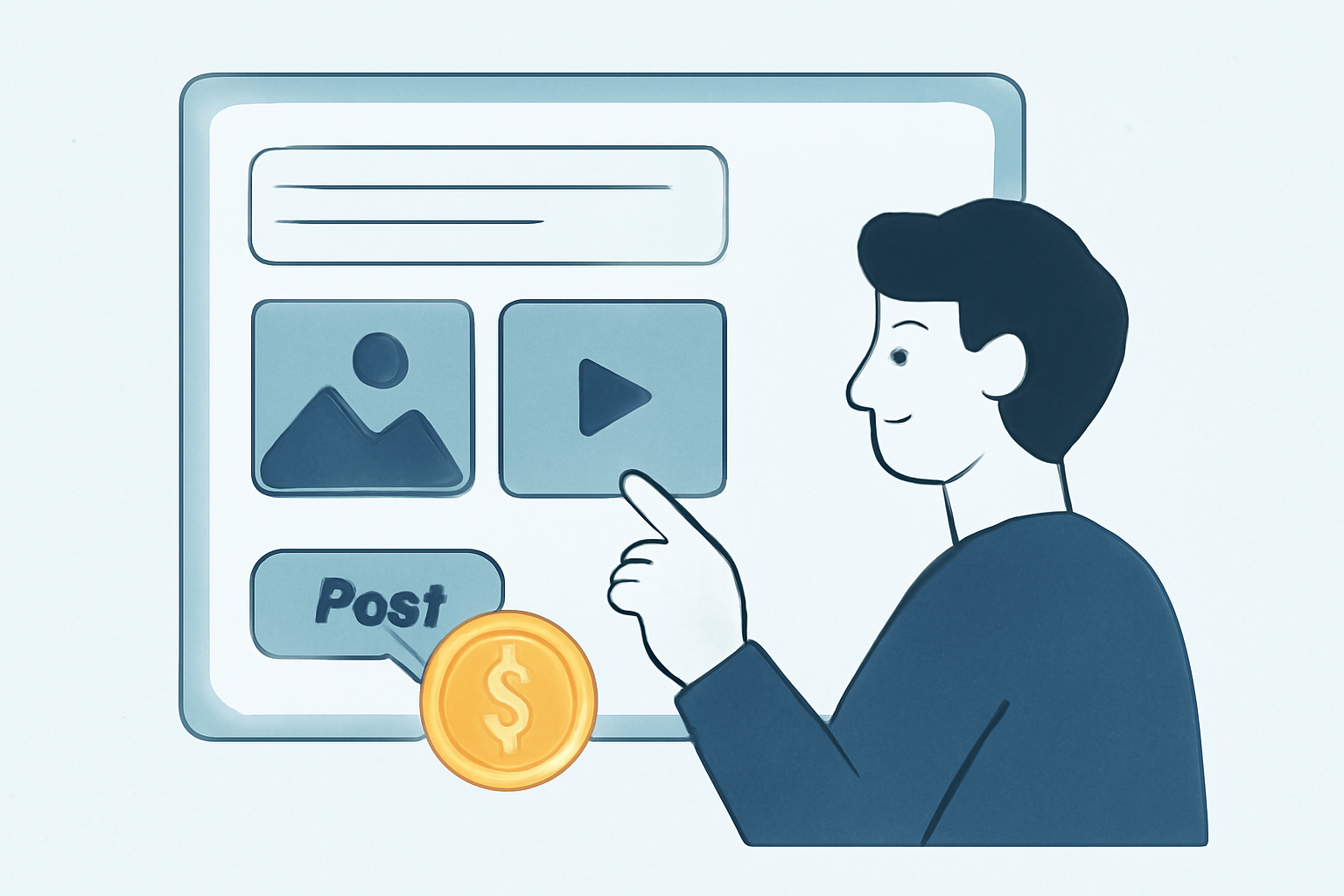 A user crafting a social media post with images and video, and a shiny coin icon next to the 'Post' button