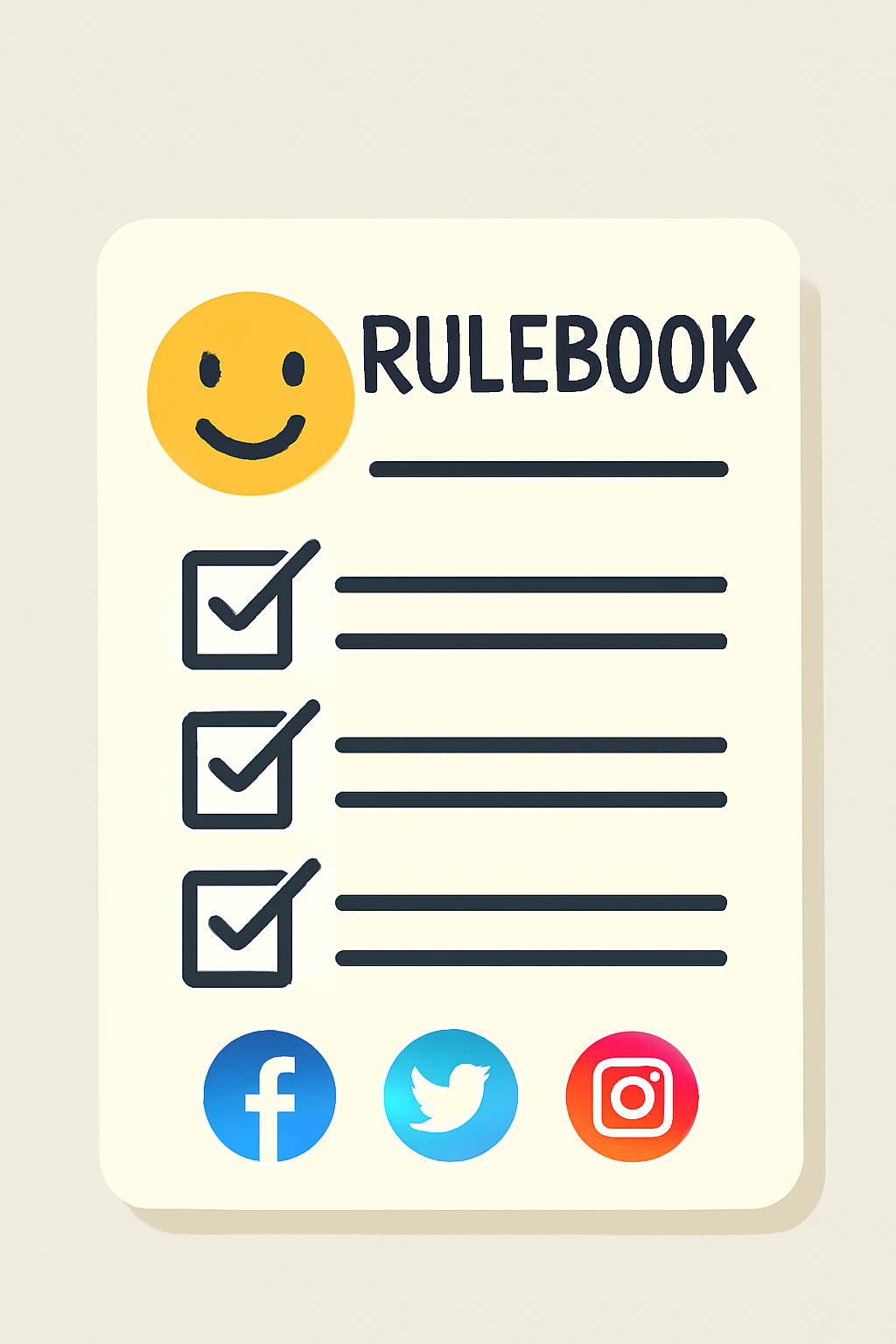 A friendly checklist or rulebook with a smiling emoji and social media icons