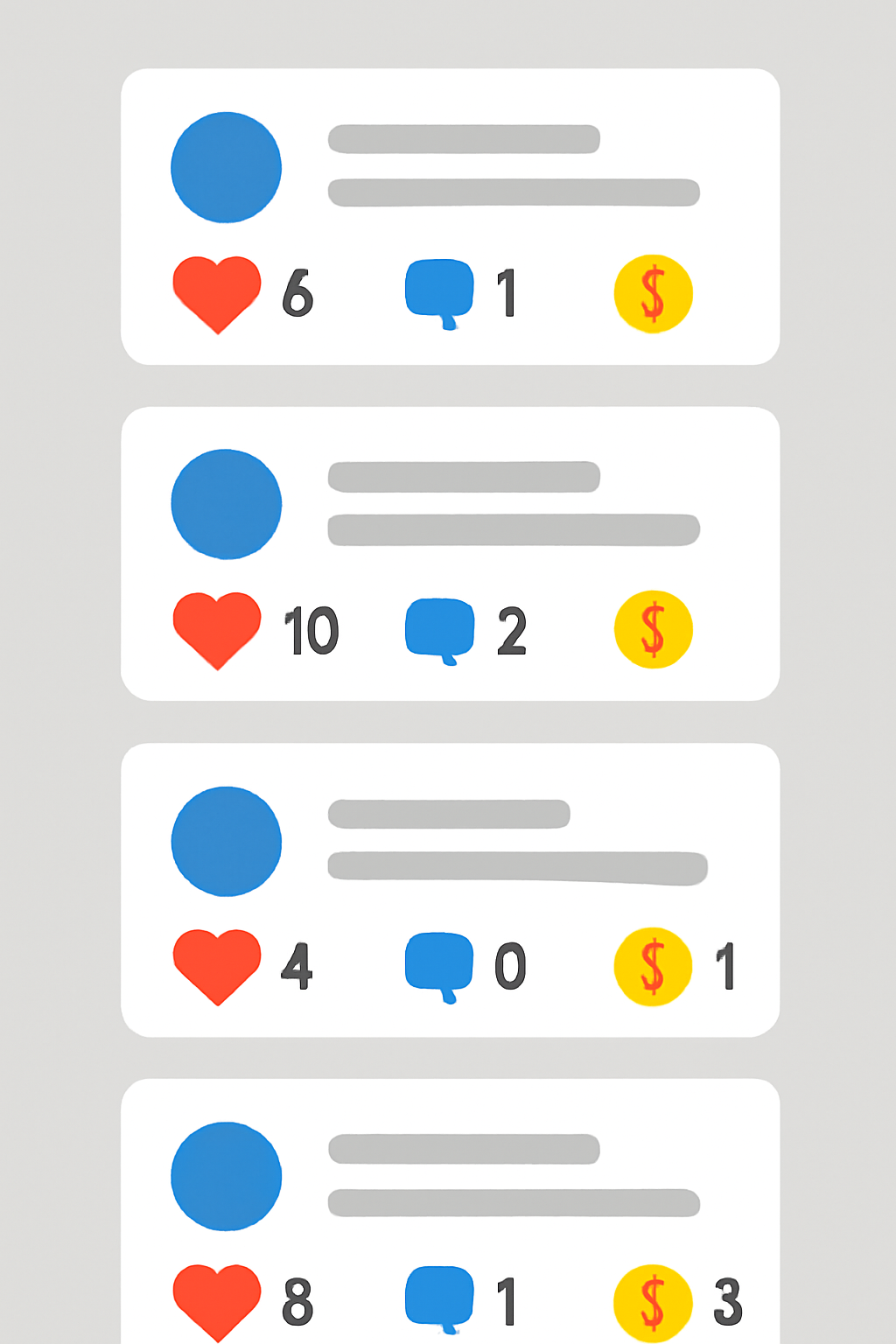 A lively feed with posts getting likes, comments, and coin icons, showing active engagement