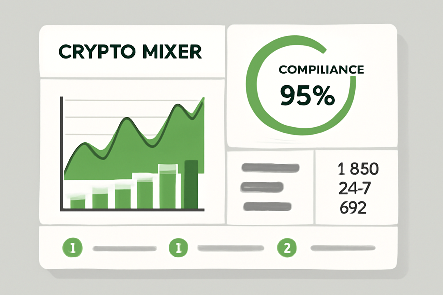 modern crypto mixer dashboard displaying green compliance score 95%, graphs and metrics, sleek UI
