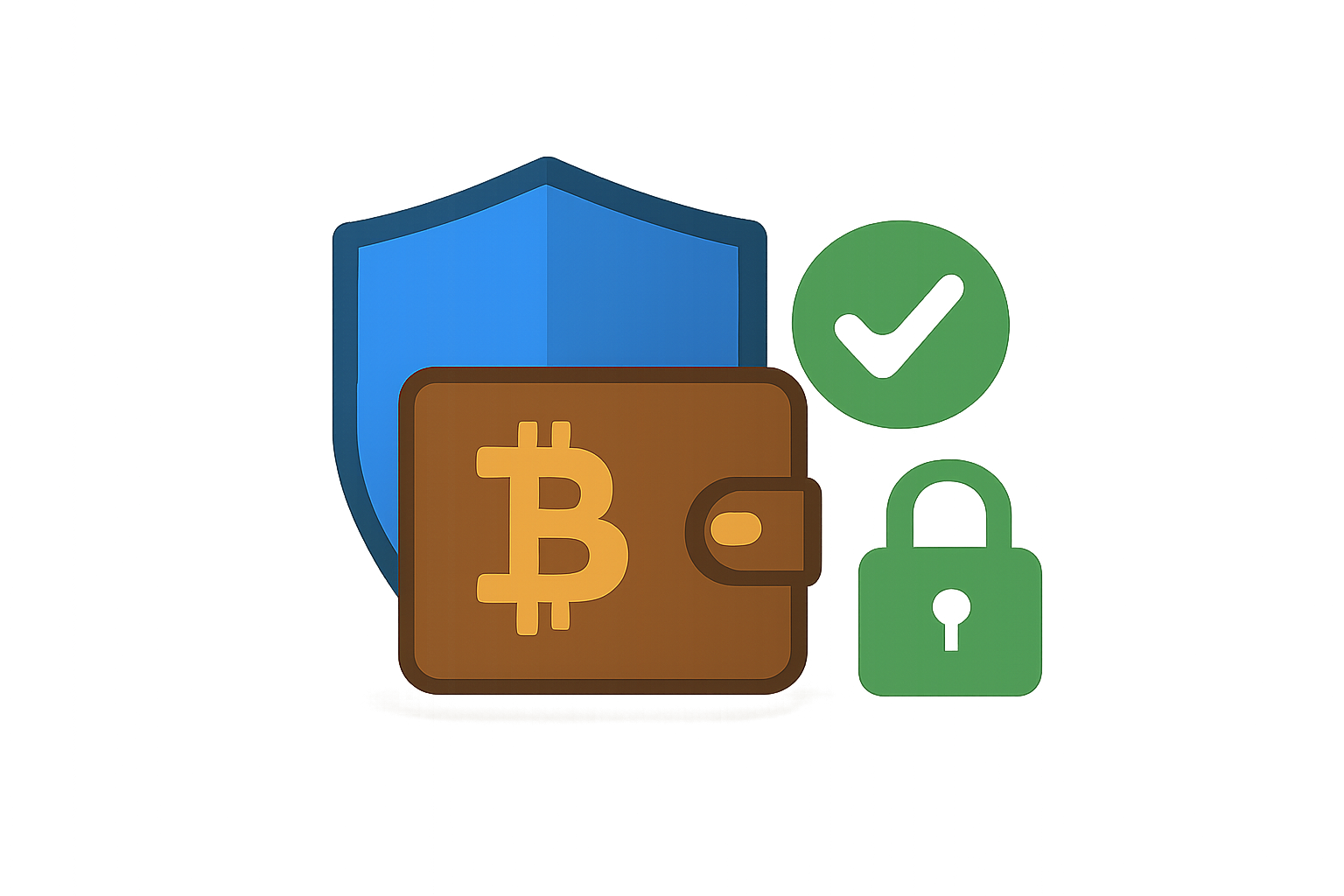 shield icon protecting bitcoin wallet, checkmark compliance badge, green secure lock, modern flat design