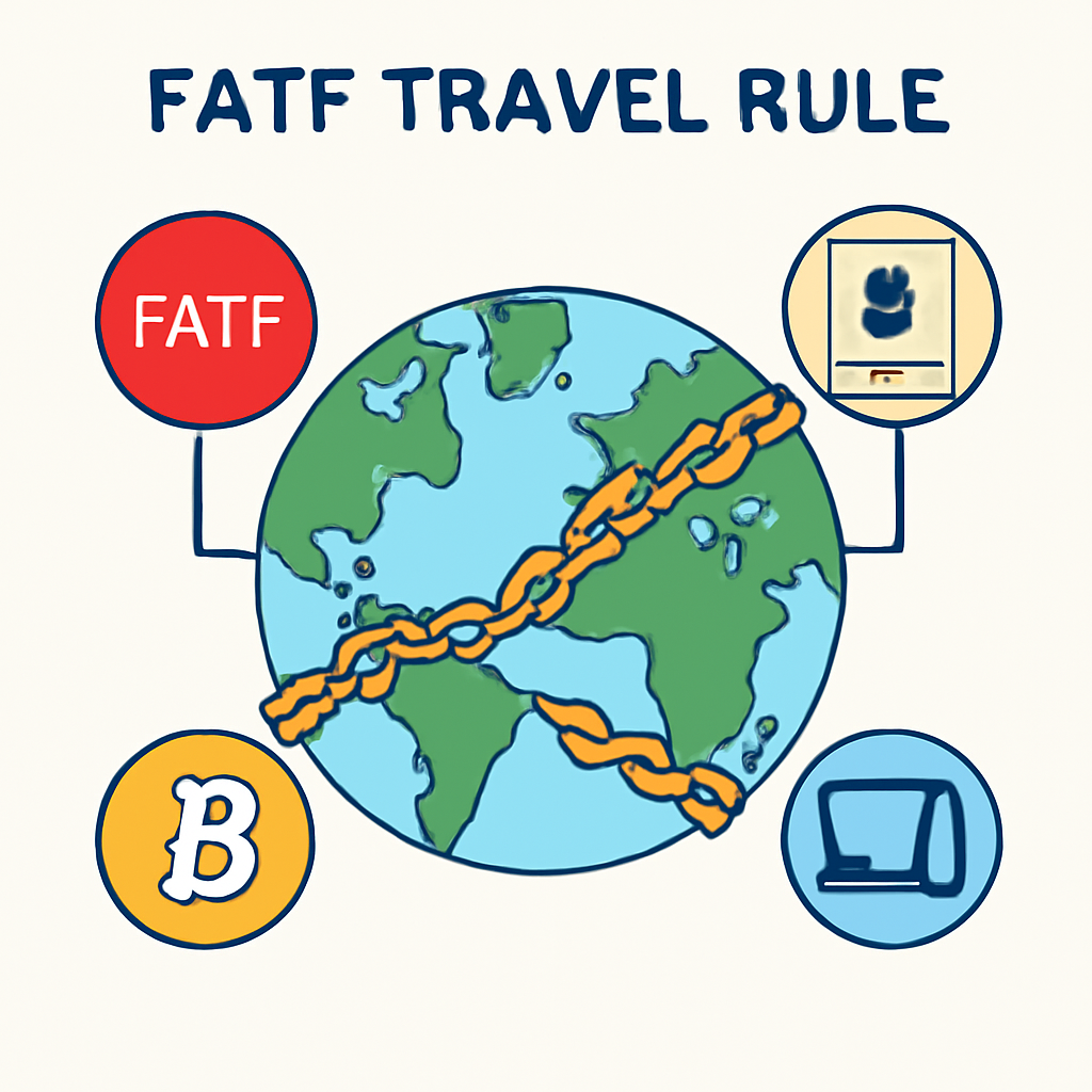 globe with FATF travel rule icons, crypto chains linking countries, educational infographic style