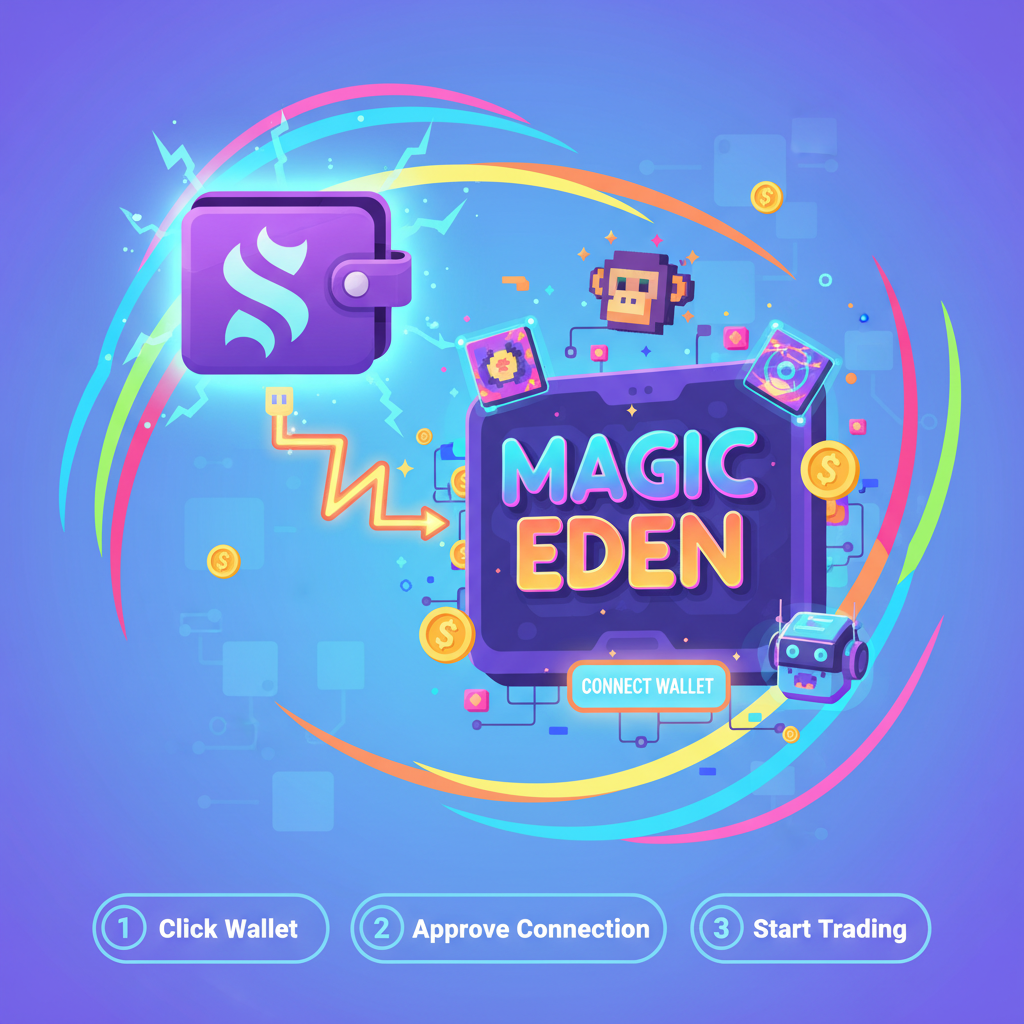 vibrant cartoon solana wallet connecting to magic eden platform, neon colors, energetic blockchain vibe
