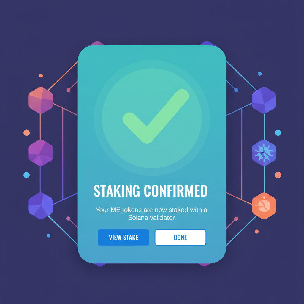 confirmation screen for staking me tokens, green checkmark, solana validator background