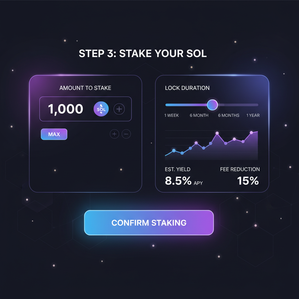 user interface selecting me tokens amount and lock duration slider, solana theme, glowing charts