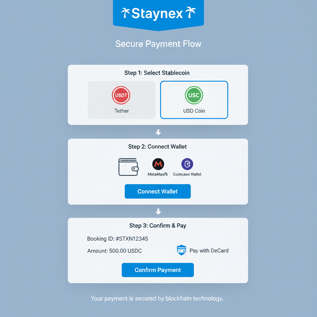 stablecoin checkout screen on Staynex with USDT USDC options, DeCard logo, secure payment flow