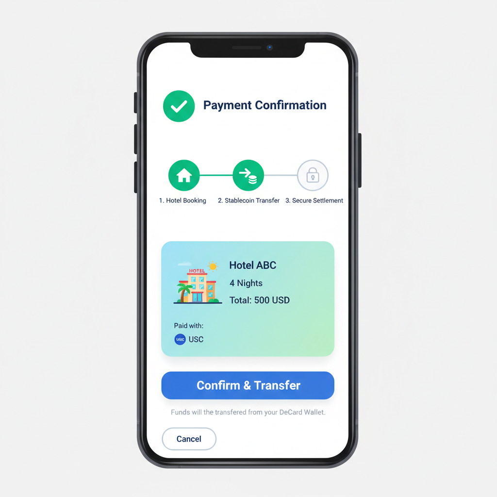 DeCard mobile app confirmation screen for hotel payment, stablecoins transferring, clean mobile UI