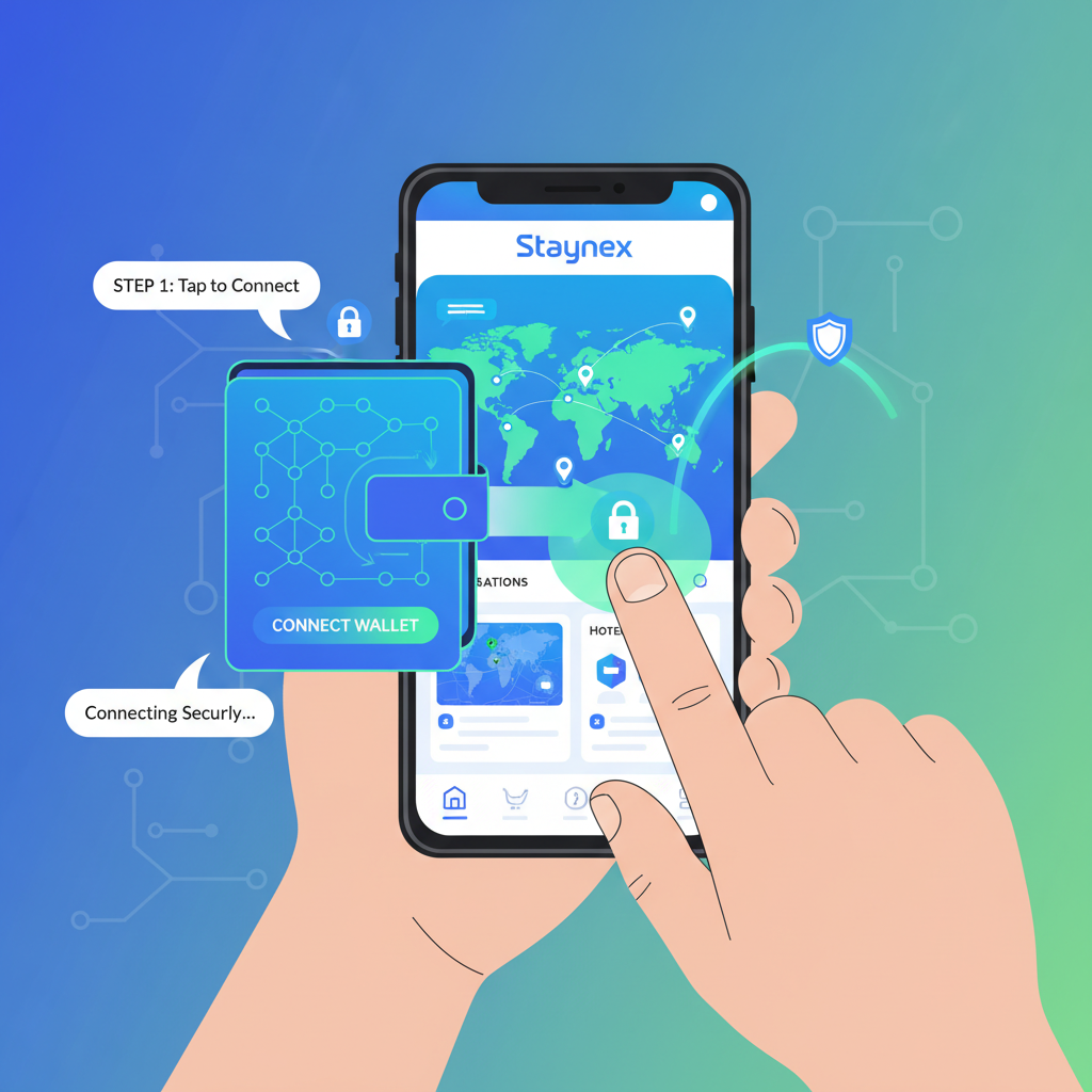 user connecting crypto wallet to sleek Staynex travel app interface, futuristic blockchain UI, vibrant blues and greens