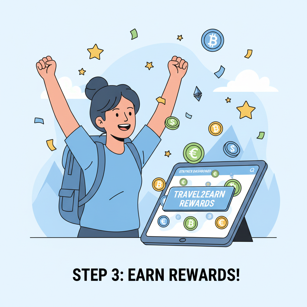 excited traveler receiving Travel2Earn rewards confetti on Staynex dashboard, crypto tokens raining