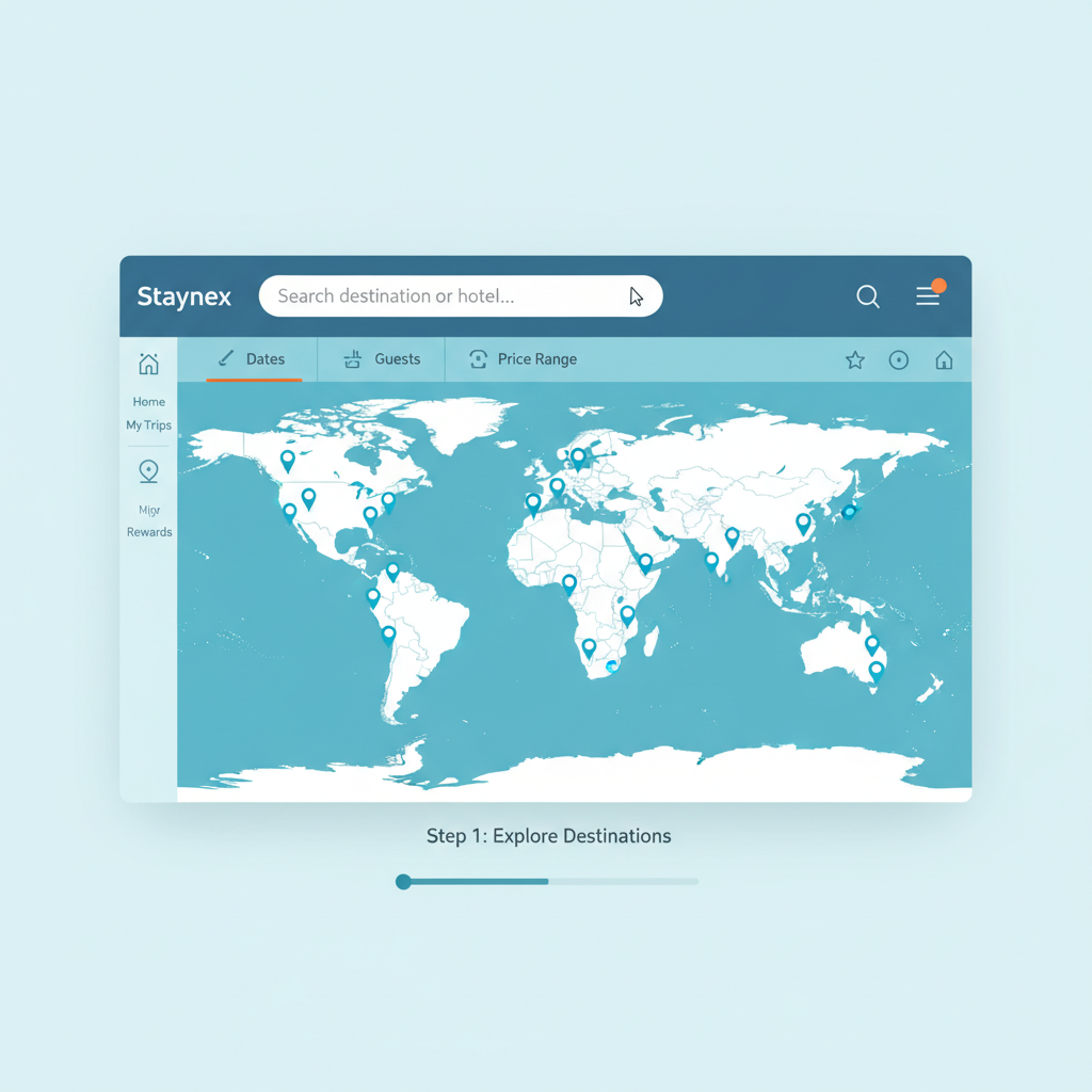 dynamic hotel search on Staynex platform showing global map with 2.65M pins, modern UI, search bar active