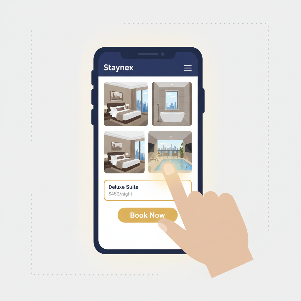user selecting luxury hotel room on Staynex app, detailed room views, booking interface glowing