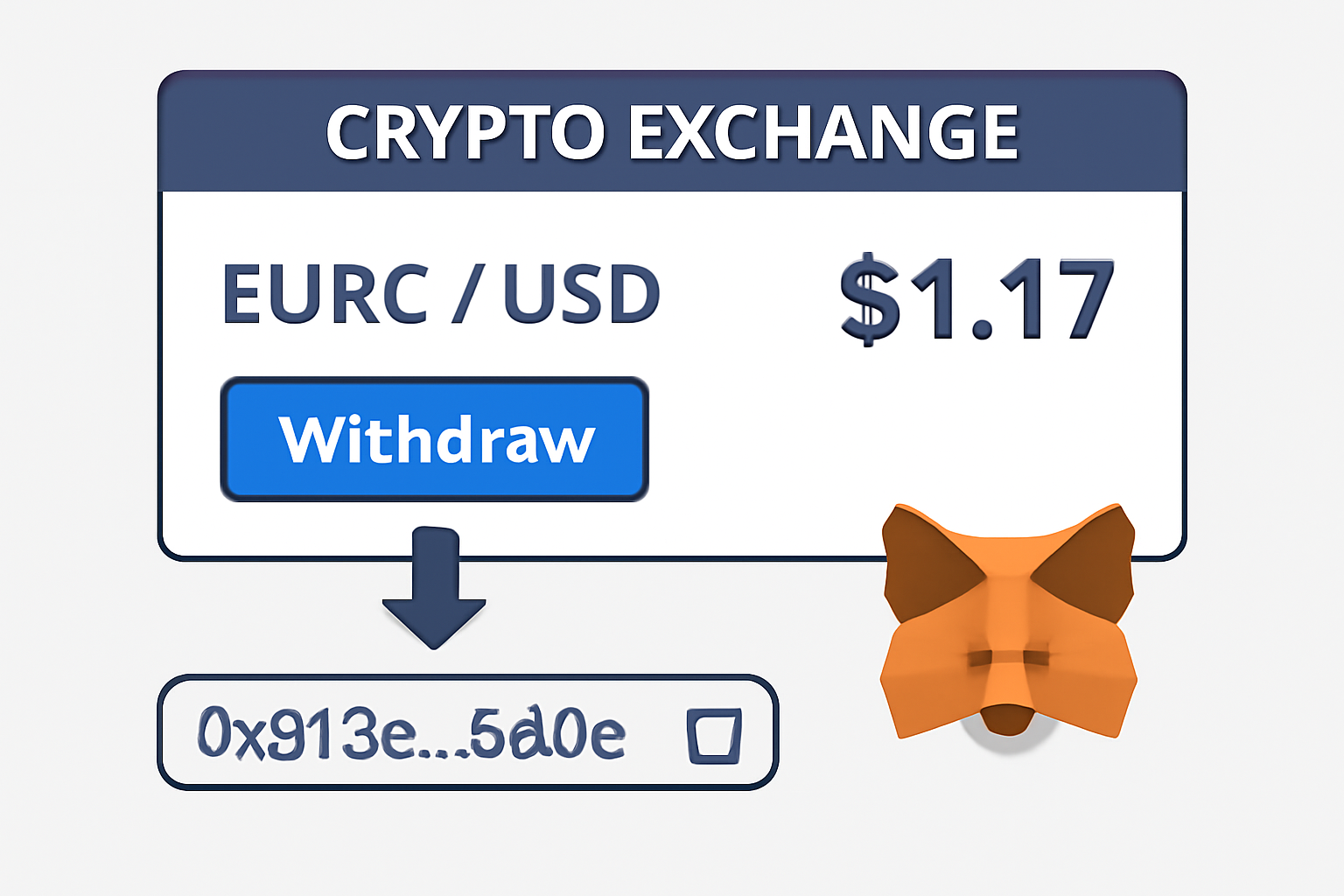 A crypto exchange interface showing EURC trading at $1.17, with a withdrawal process to a MetaMask wallet address.