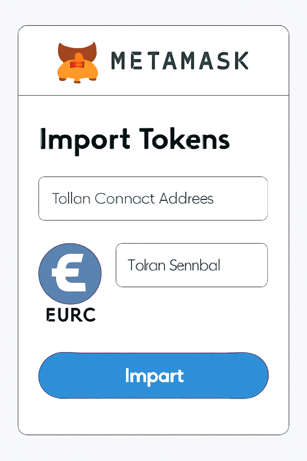 MetaMask interface with the 'Import Tokens' screen, showing fields for token contract address and the EURC logo.