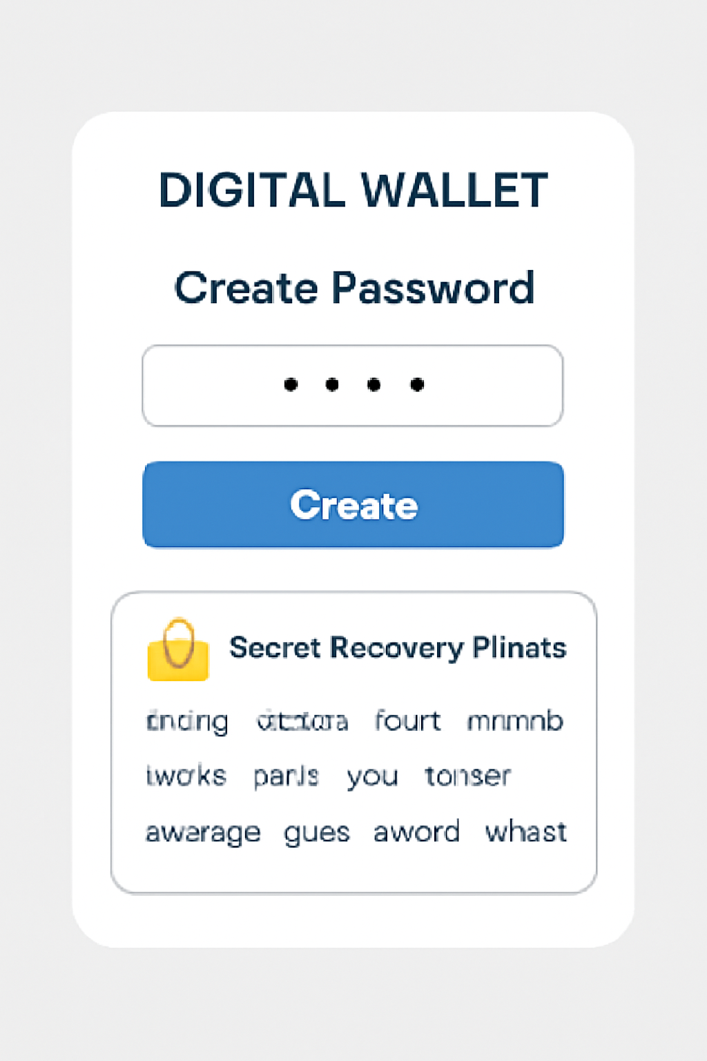 A digital wallet interface prompting the user to create a password and displaying a secret recovery phrase with a lock icon.