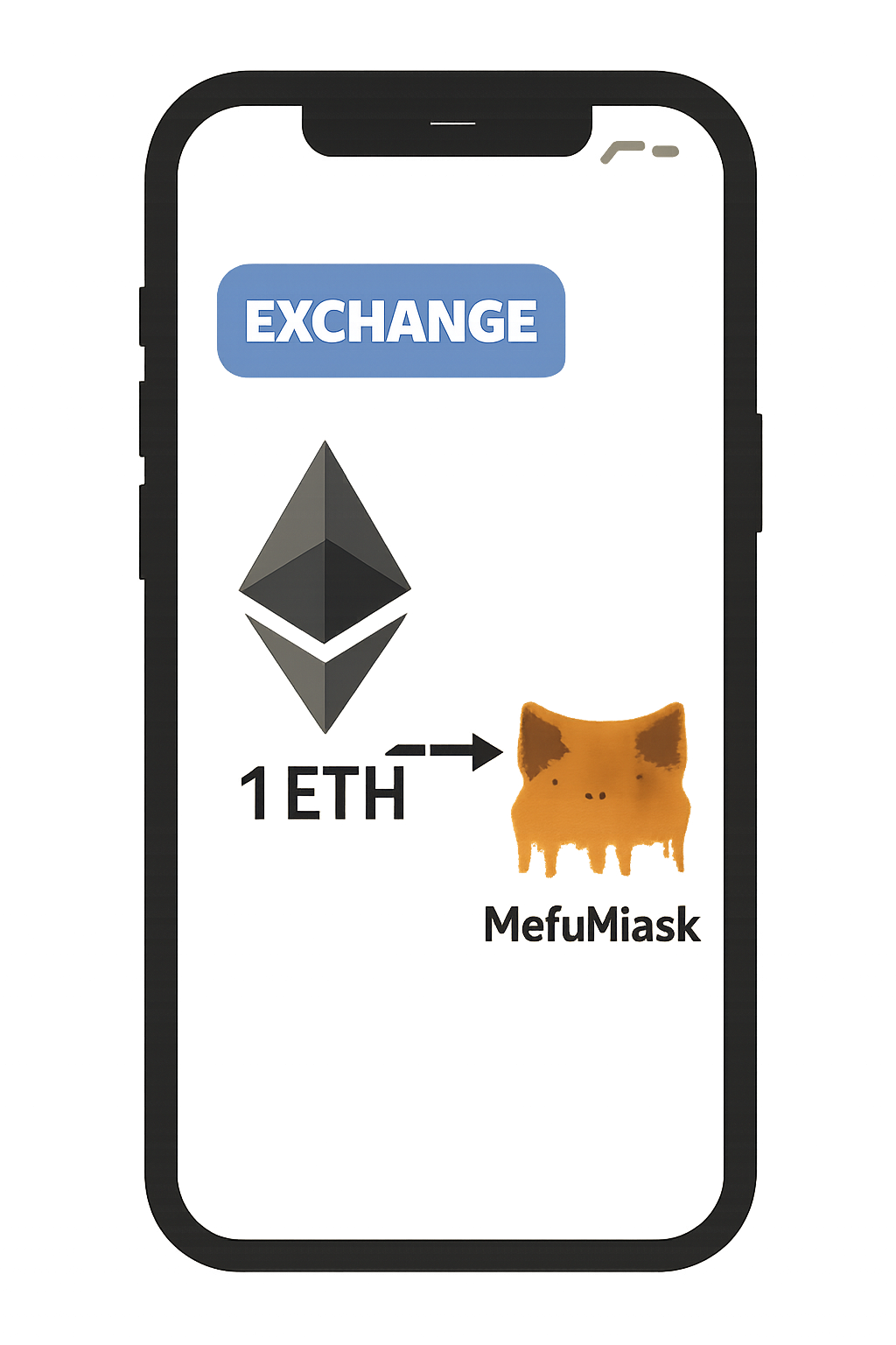 A smartphone or computer showing a transfer of ETH from an exchange to a MetaMask wallet, with ETH and MetaMask logos.