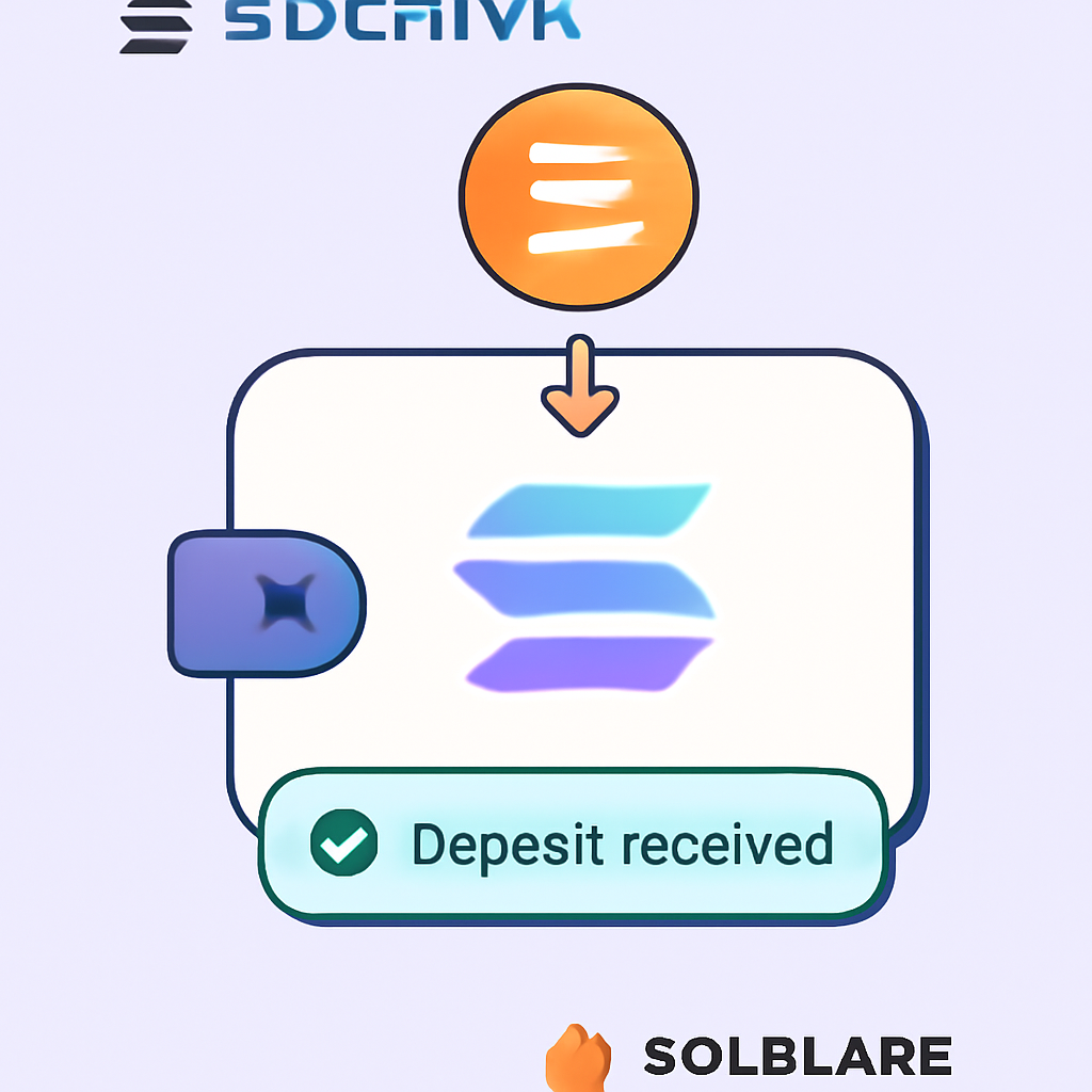 A digital wallet interface receiving SOL tokens, with Solana and Solflare logos, and a deposit confirmation message