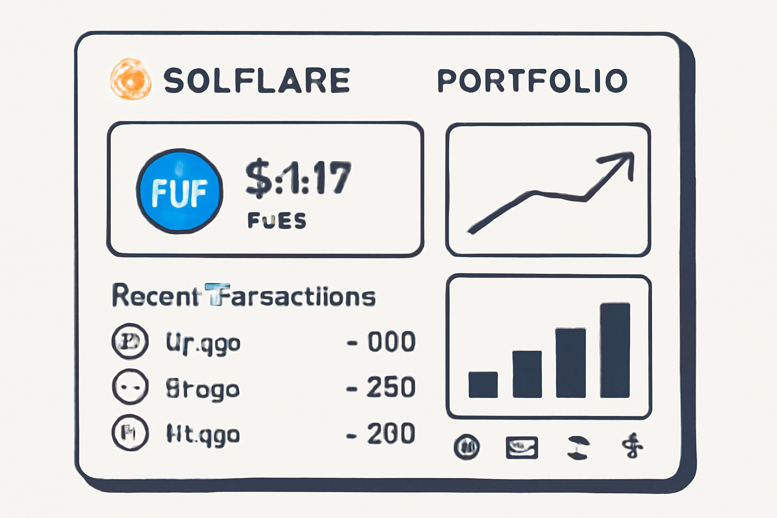 A portfolio dashboard in Solflare displaying EURC price ($1.17), recent transactions, and performance charts