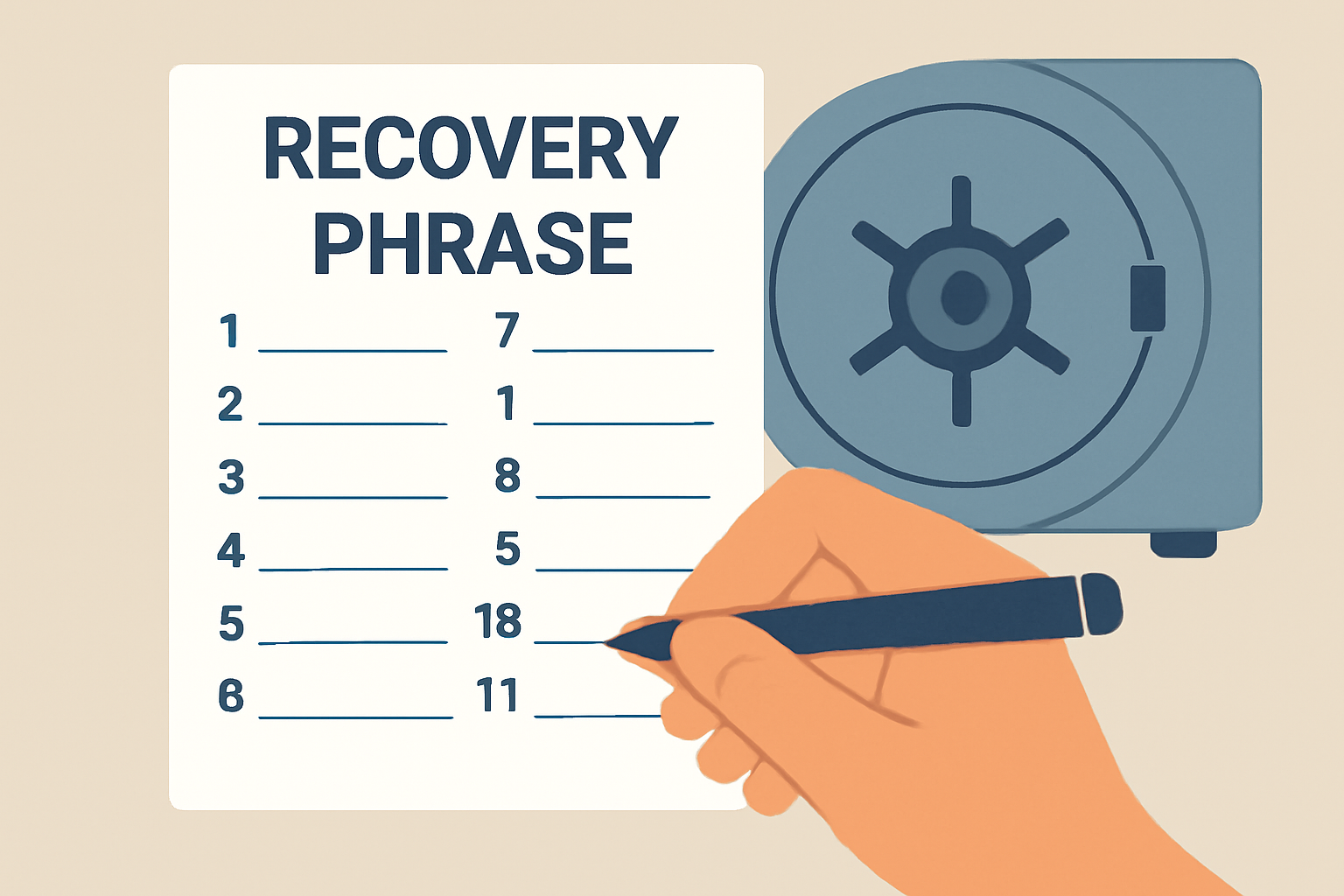 A hand writing a recovery phrase on paper, with a safe or vault in the background, emphasizing offline security.
