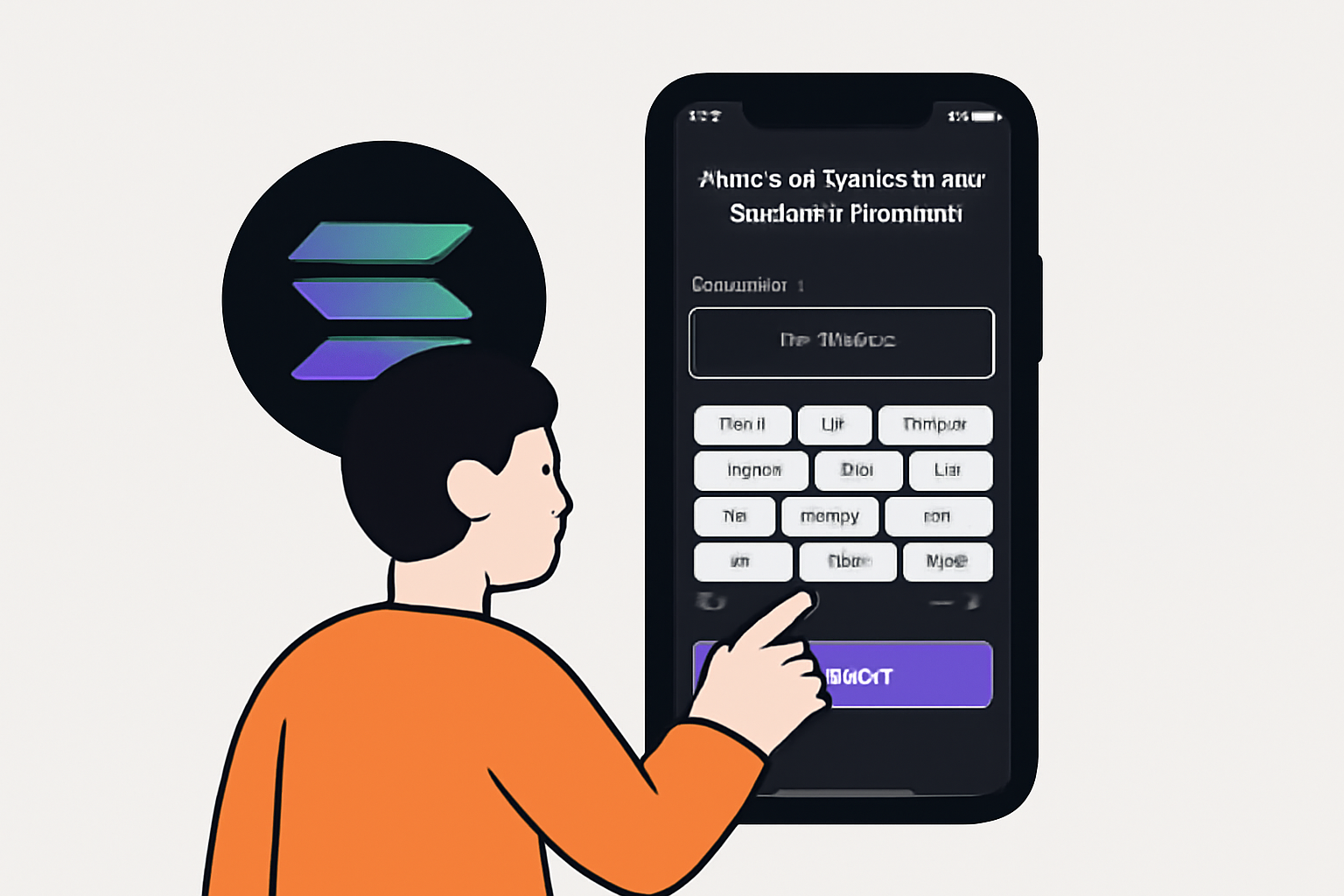 A user setting up the Solflare wallet app on a smartphone, showing a secure password and backup phrase screen, Solana logo in the background