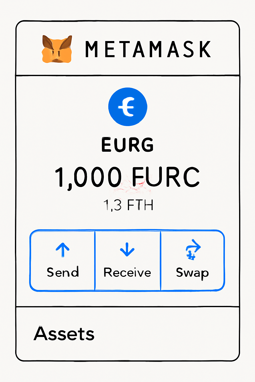 MetaMask wallet dashboard displaying a balance of EURC tokens and ETH, with transaction options highlighted.