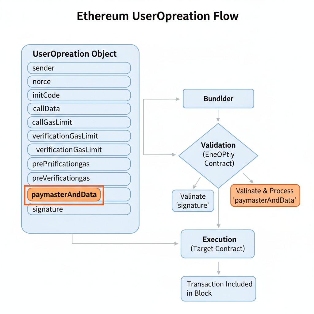 ethereum useroperation diagram highlighting paymasterAndData field, clean flowchart style