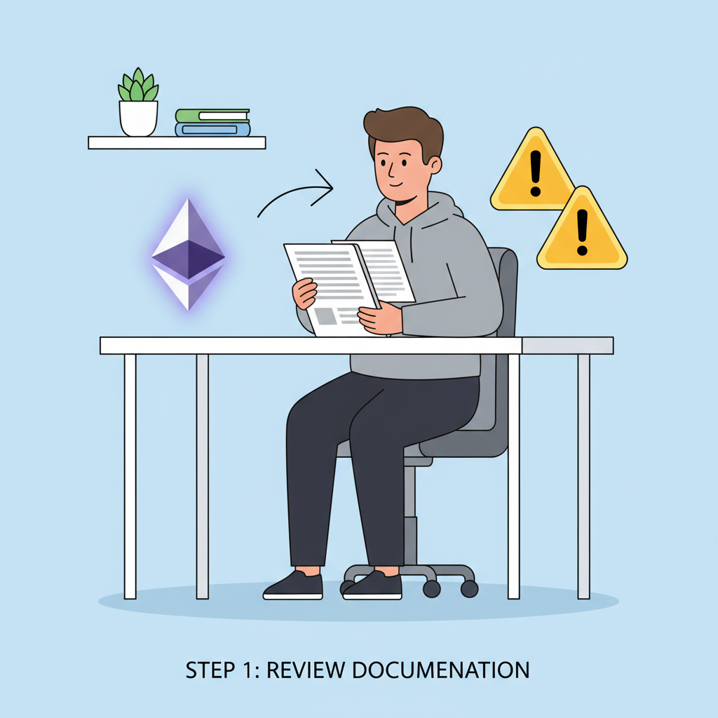 Developer reviewing docs at desk with Ethereum logo and warning icons