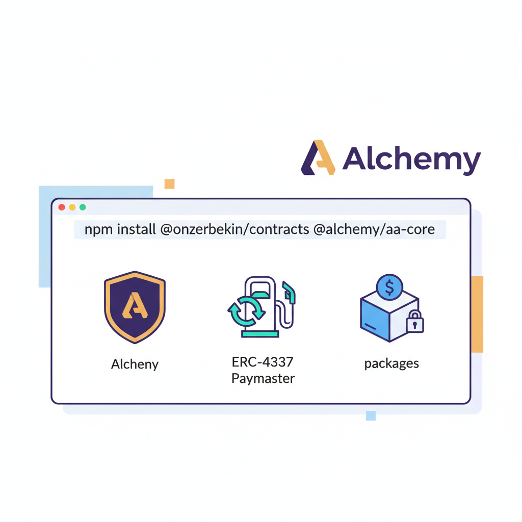 NPM install packages with ERC-4337 paymaster icons and Alchemy logo