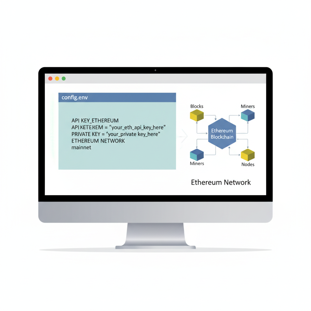 Environment config file open with API keys and Ethereum network diagram