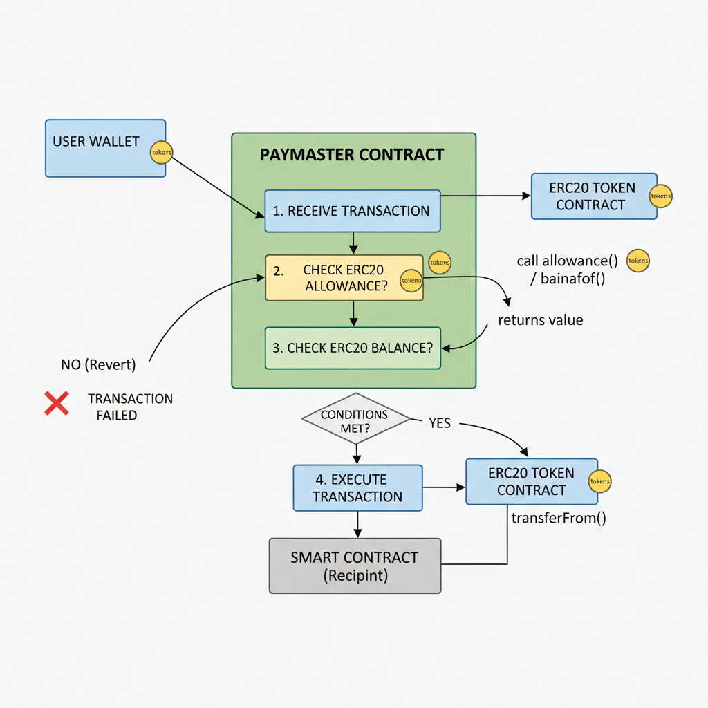 paymaster contract checking ERC20 balance and allowance, data flow diagram with tokens