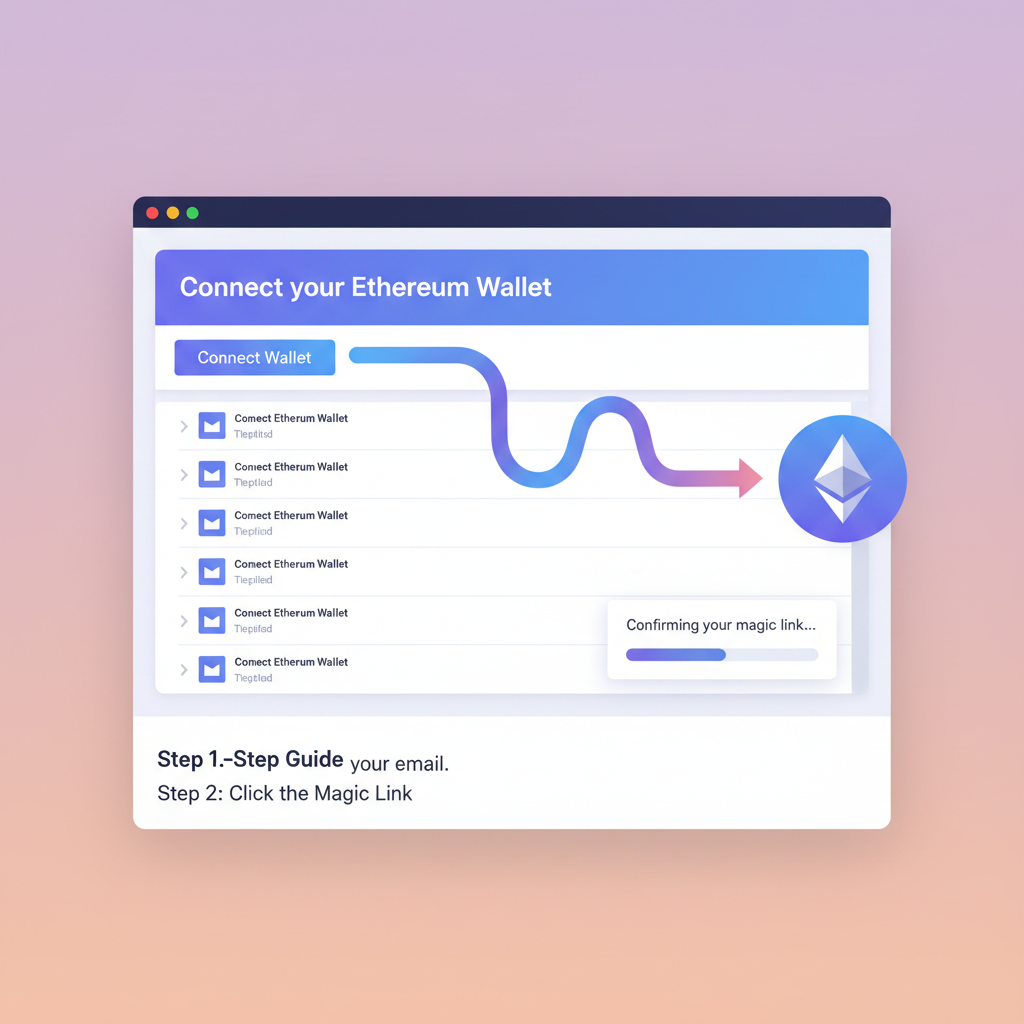 Email inbox with Ethereum wallet connecting, magic link animation