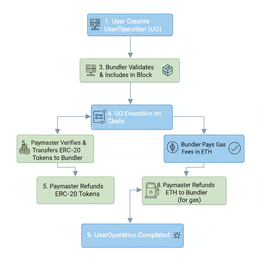useroperation execution, token transfer to paymaster, eth reimbursement to bundler flowchart