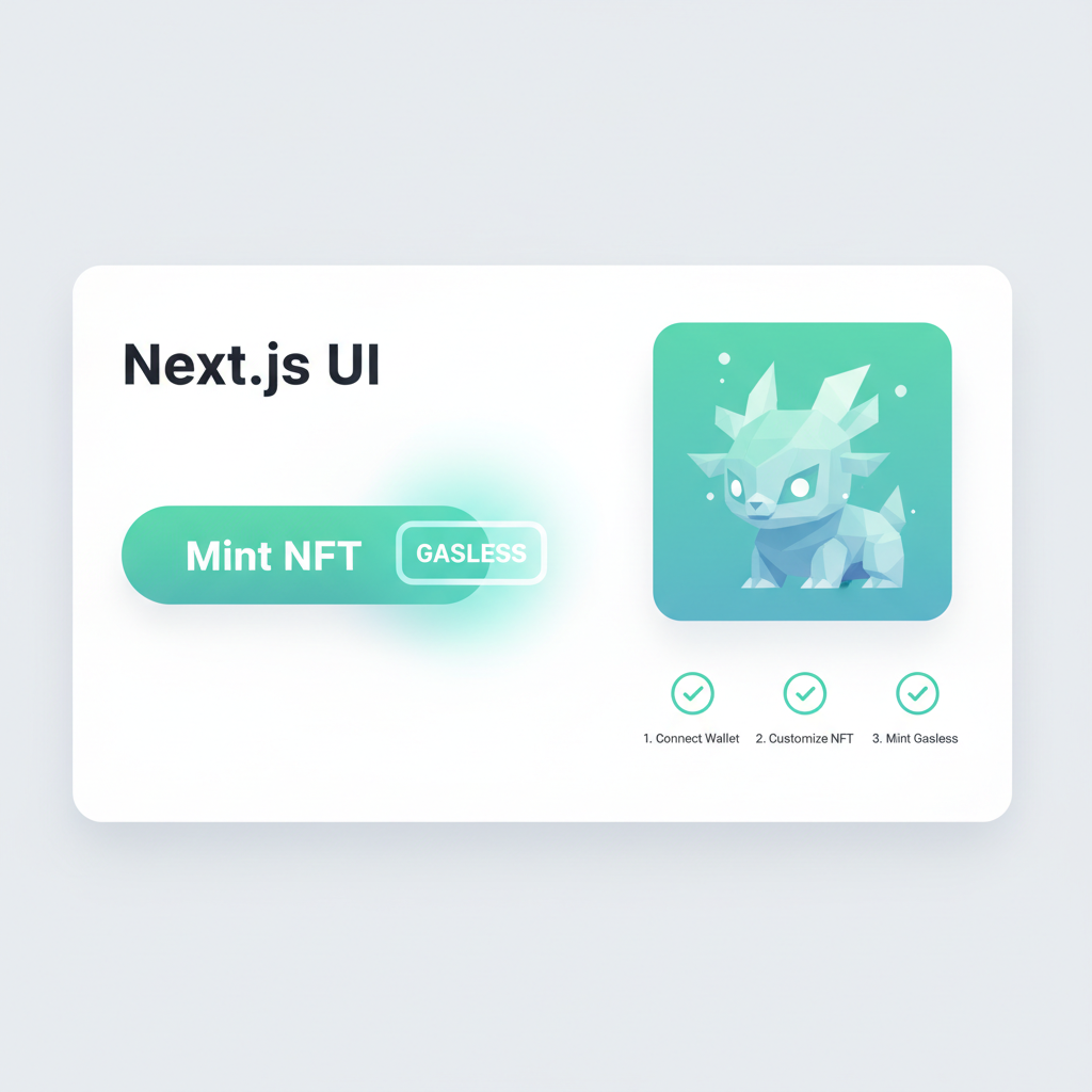 Next.js UI with mint button, NFT preview, gasless badge glowing