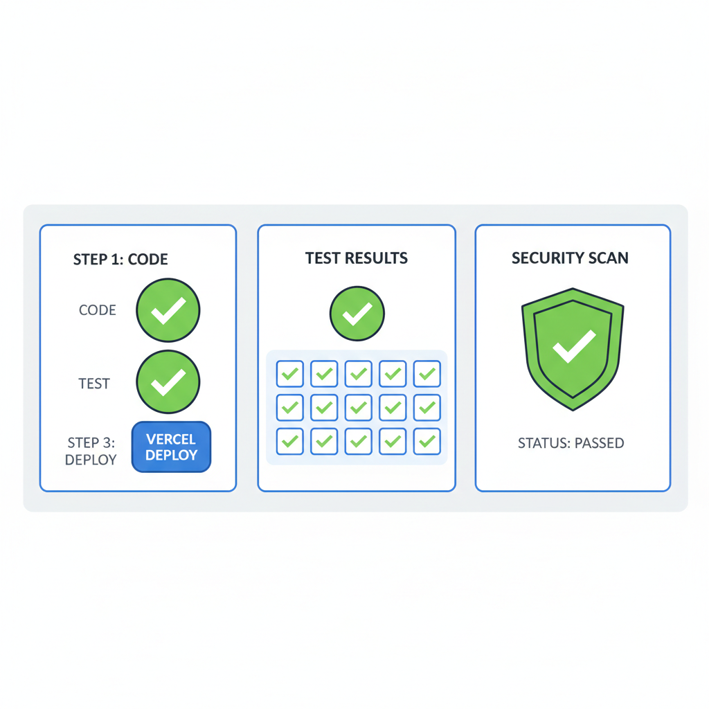Testing dashboard with green checks, Vercel deploy button, security shield