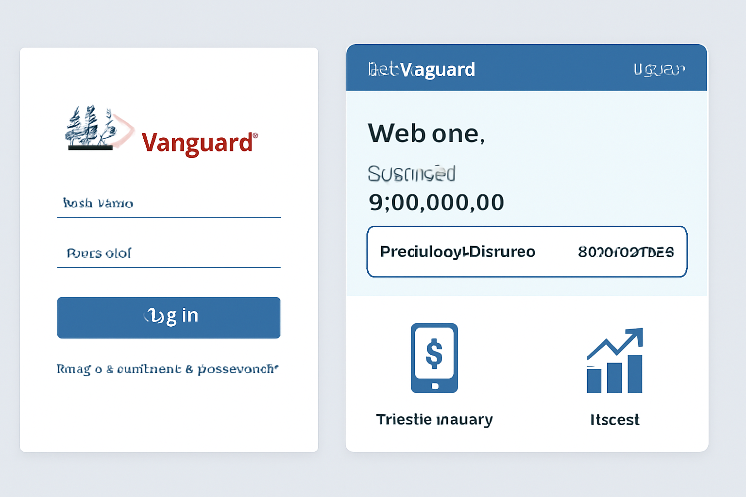 clean screenshot of Vanguard login page and dashboard with brokerage account highlighted, professional blue theme, simple interface