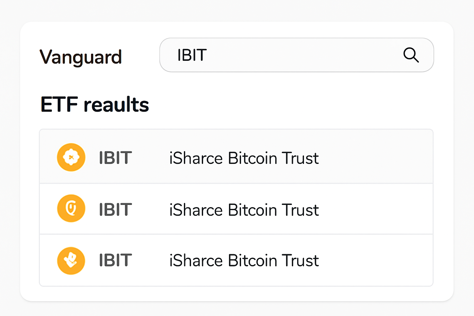 Vanguard platform screenshot showing search bar with 'IBIT' entered, ETF results displayed with Bitcoin icon, clean financial UI