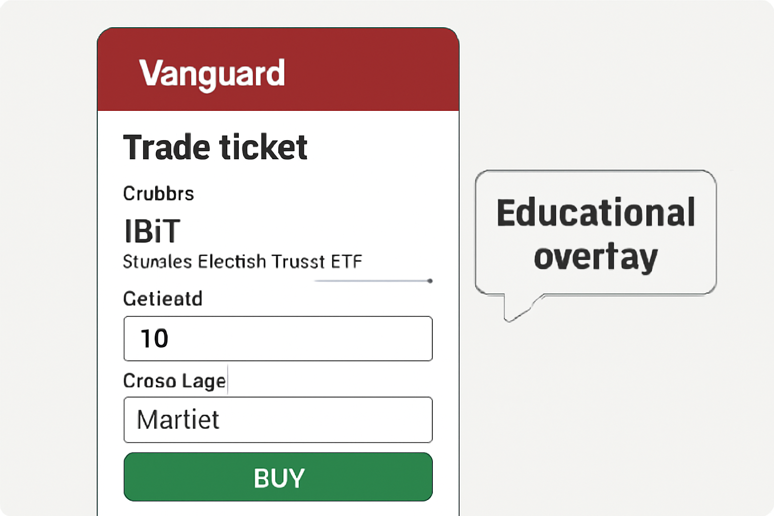 Vanguard trade ticket screen for buying IBIT ETF, order form filled with quantity and market order, green buy button, educational overlay