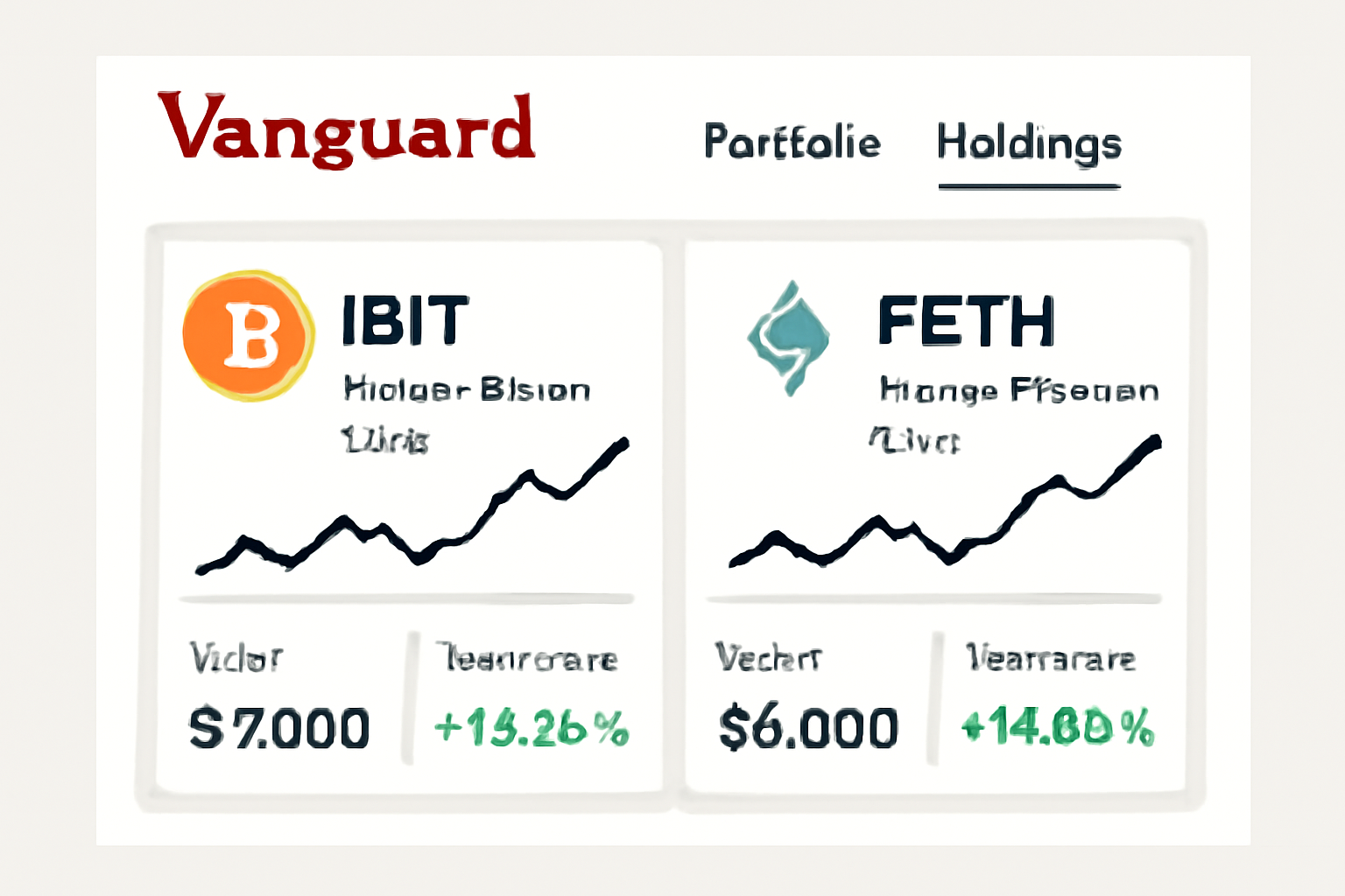 Vanguard portfolio dashboard screenshot showing IBIT and FETH holdings with price charts, performance metrics, BTC ETH icons