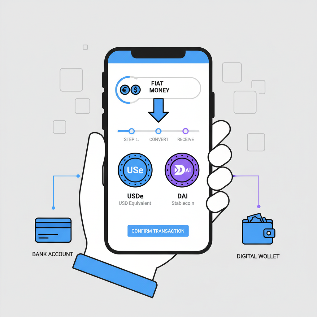 clean illustration of fiat money converting to USDe and DAI stablecoins on a mobile exchange app, professional business style