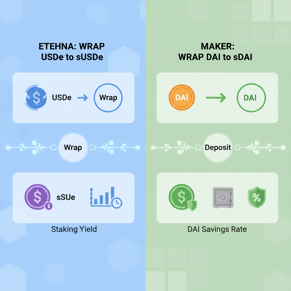 step-by-step graphic of wrapping USDe to sUSDe on Ethena dashboard and DAI to sDAI on Maker, glowing blockchain effects