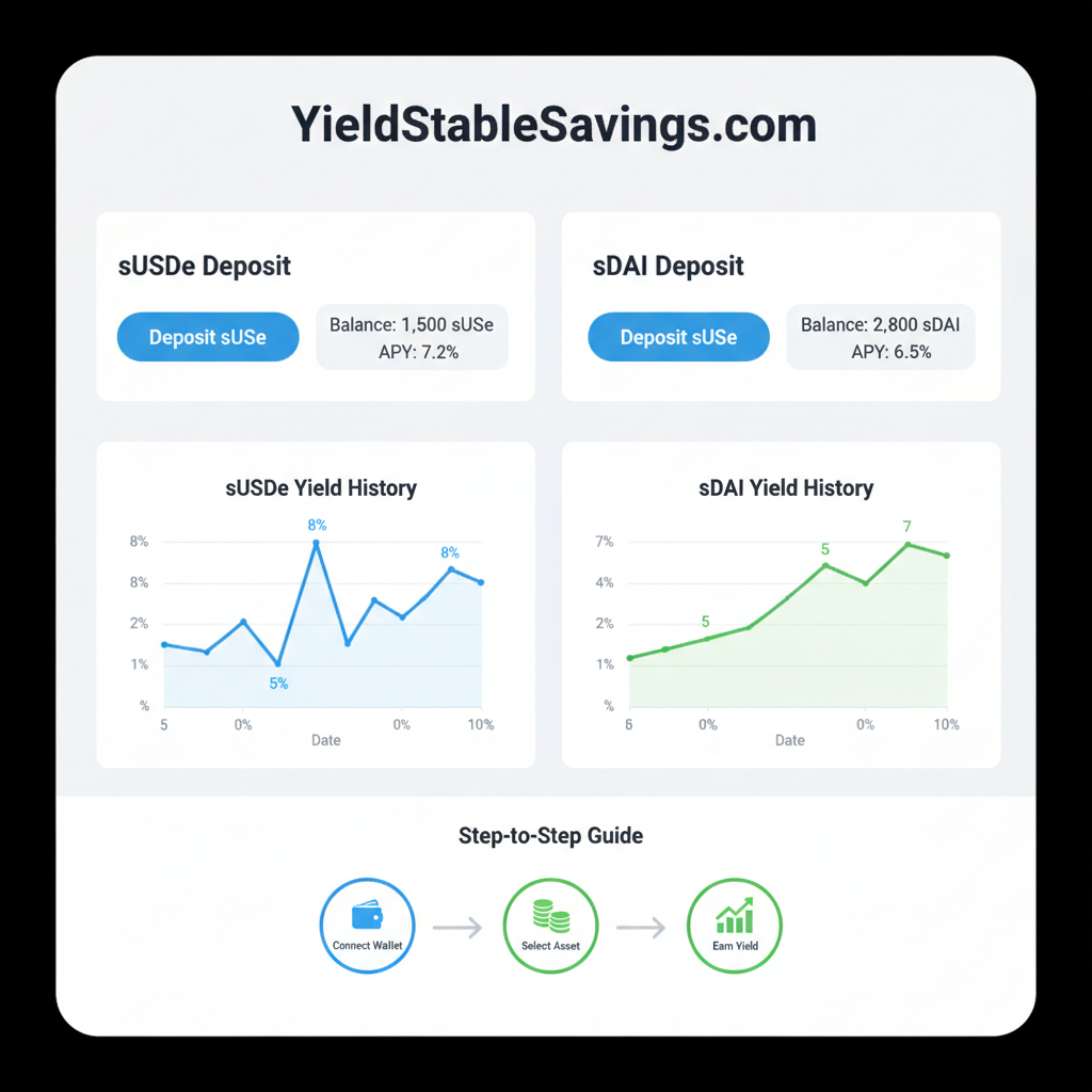 screenshot-style image of YieldStableSavings.com dashboard with sUSDe and sDAI deposits, yield charts showing 5-8% APY