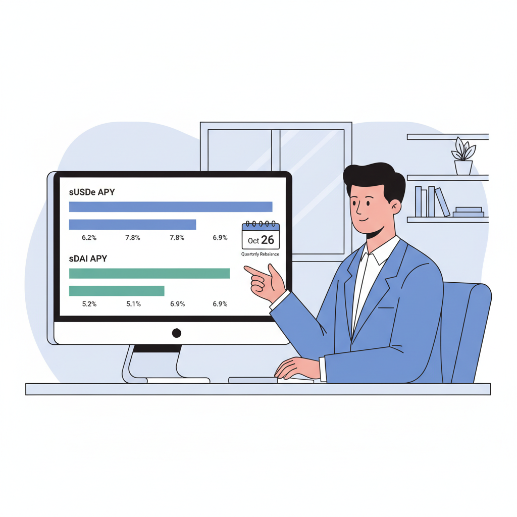 business professional monitoring yield charts on computer, graphs of sUSDe and sDAI APYs at 5-8%, calendar for quarterly rebalance